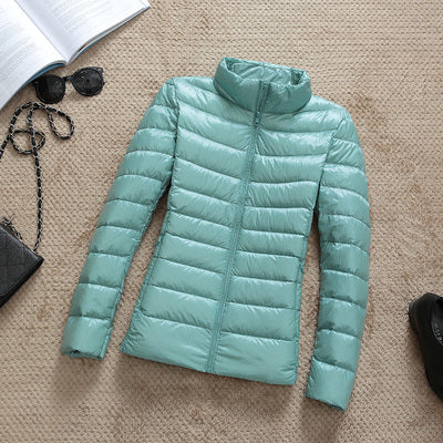 Solid Color Ribbed Hooded Women's Light Puffer Duck Down Jacket to 4X