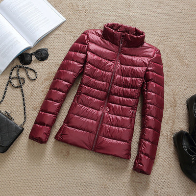 Solid Color Ribbed Hooded Women's Light Puffer Duck Down Jacket to 4X