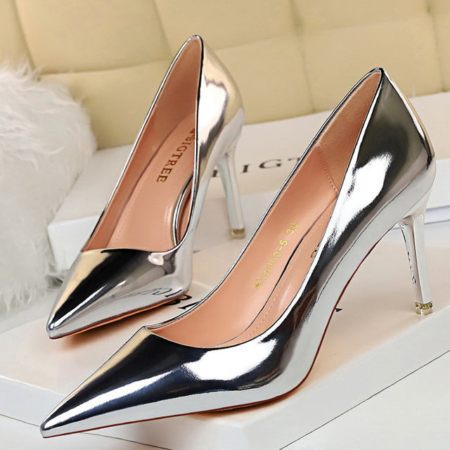 Metallic Pointed Toe Solid Color Patent Leather High Heel Stiletto Pumps