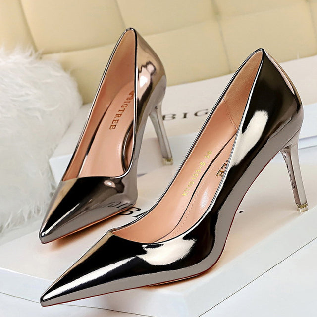 Metallic Pointed Toe Solid Color Patent Leather High Heel Stiletto Pumps