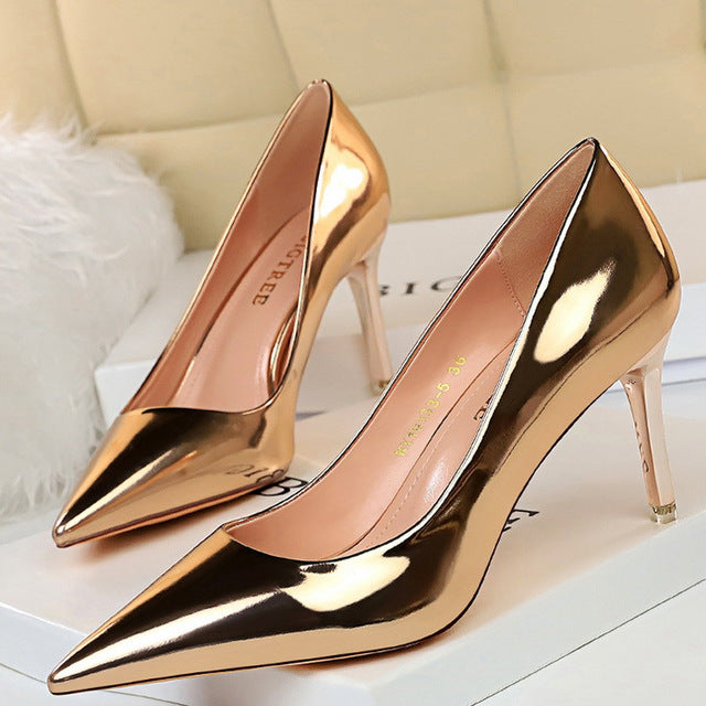 Metallic Pointed Toe Solid Color Patent Leather High Heel Stiletto Pumps