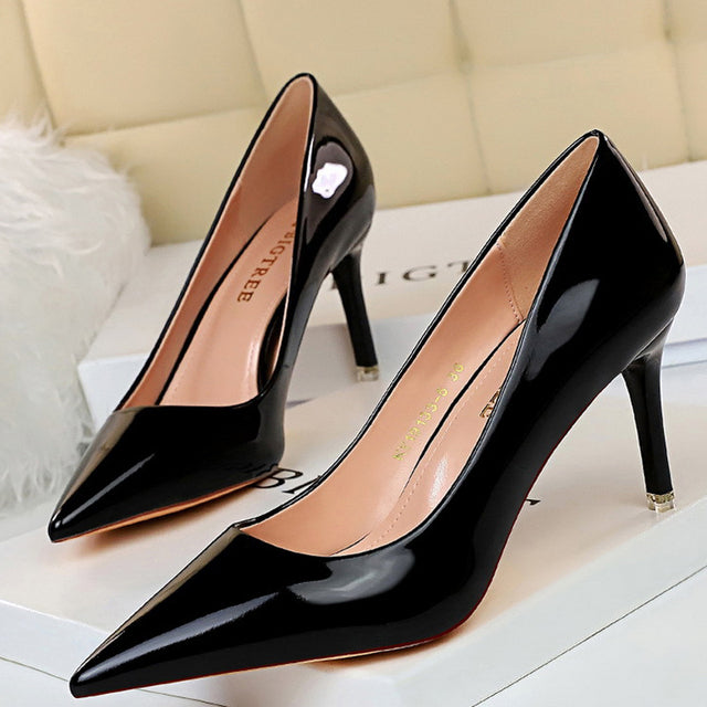 Metallic Pointed Toe Solid Color Patent Leather High Heel Stiletto Pumps