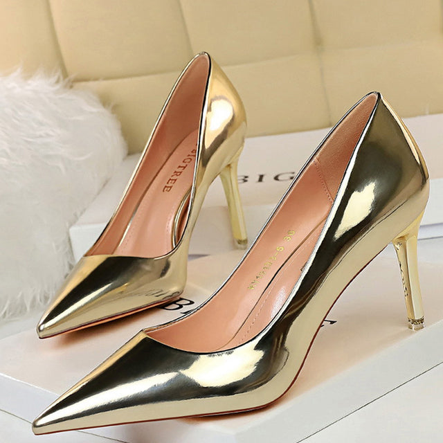 Metallic Pointed Toe Solid Color Patent Leather High Heel Stiletto Pumps