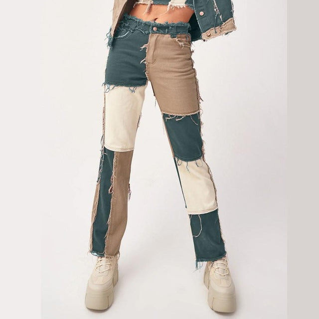 Checkered Colorblock Women's Western Patchwork Streetwear Jeans