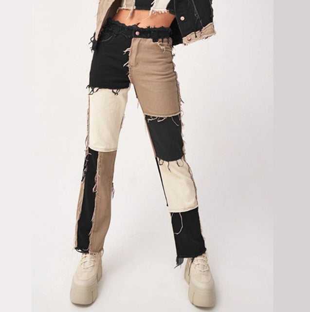 Checkered Colorblock Women's Western Patchwork Streetwear Jeans