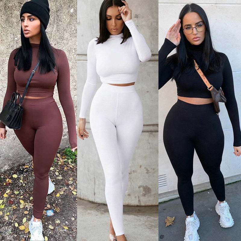 Skinny Hollow-Out Solid Ladies Long Sleeve Crop Top + Leggings Fitness/Workout 2-Piece Athleisure Set