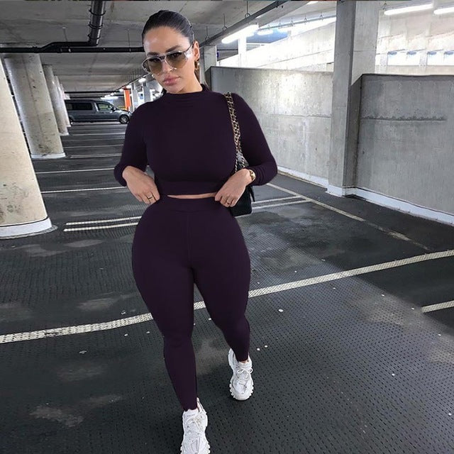 Skinny Hollow-Out Solid Ladies Long Sleeve Crop Top + Leggings Fitness/Workout 2-Piece Athleisure Set