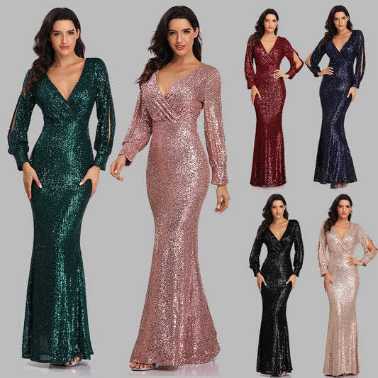 Sparkling Sequined Glitter V-Neck Mermaid Long Sleeve Mermaid Maxi Bridesmaid/Prom Formal Party Dress