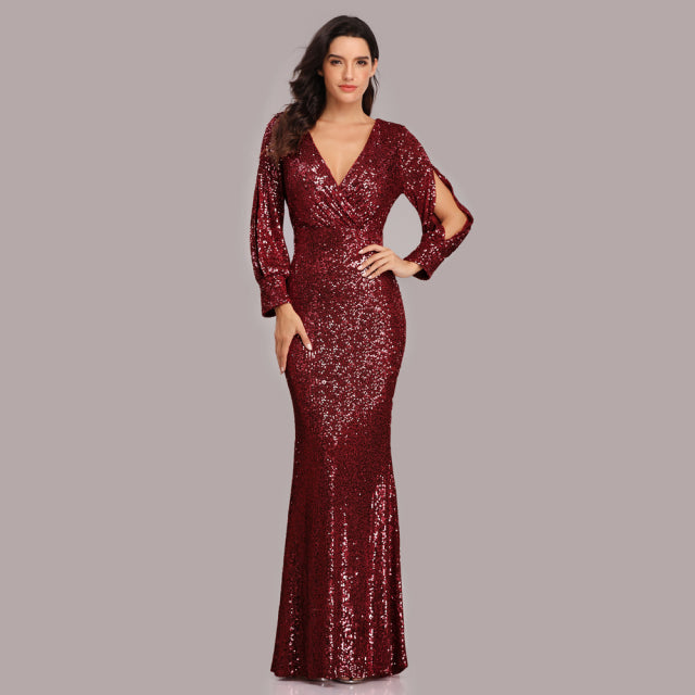 Sparkling Sequined Glitter V-Neck Mermaid Long Sleeve Mermaid Maxi Bridesmaid/Prom Formal Party Dress