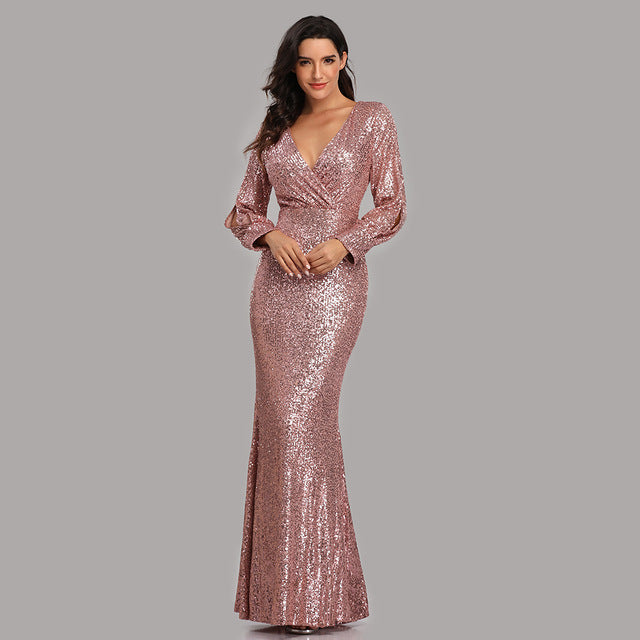 Sparkling Sequined Glitter V-Neck Mermaid Long Sleeve Mermaid Maxi Bridesmaid/Prom Formal Party Dress