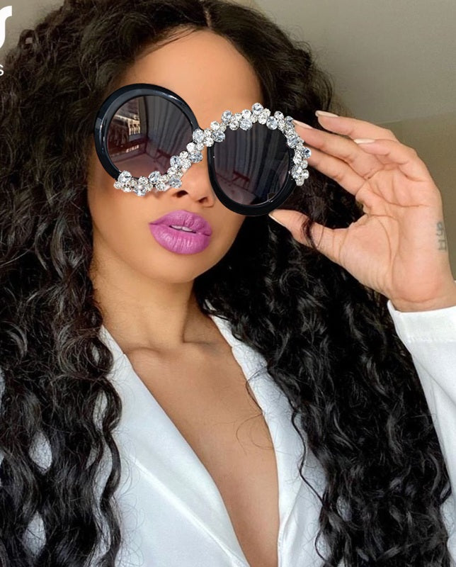 Oversized Unisex Round Rhinestone Titanium CE UV400 Sunglasses