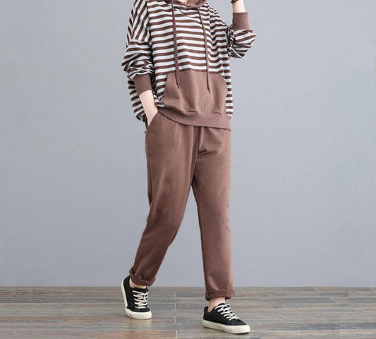 Striped Ladies Hooded Sweatshirt + Solid Harem Sweatpants Women's Tracksuit