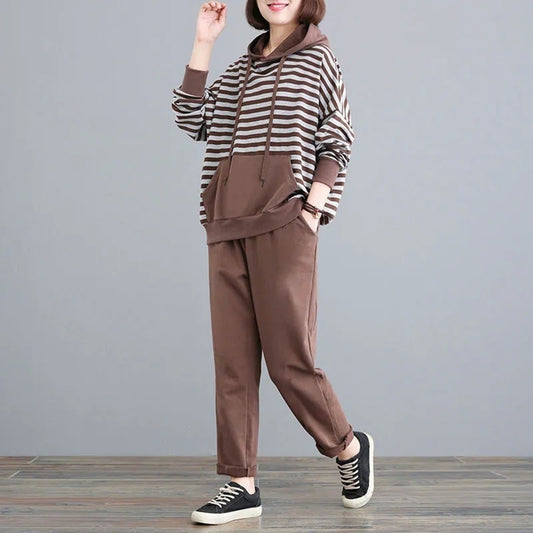 Striped Ladies Hooded Sweatshirt + Solid Harem Sweatpants Women's Tracksuit