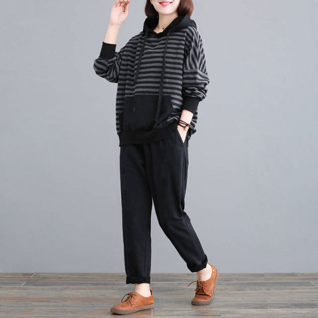 Striped Ladies Hooded Sweatshirt + Solid Harem Sweatpants Women's Tracksuit