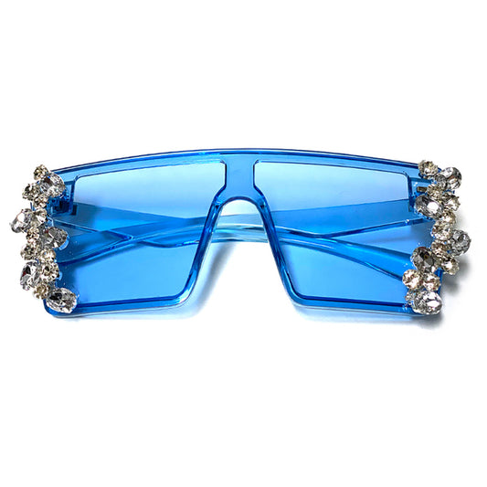 Oversized Diamond Square Flat Top Rhinestone UV400 Shield Sunglasses