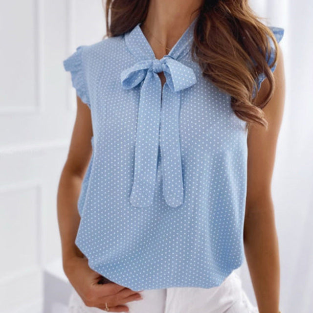 Polka Dot Bowtie Detail Ruffled Sleeveless Office Blouse