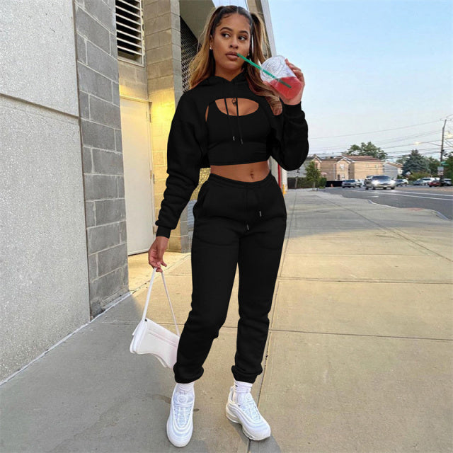 Solid Hollow-Out Fleece 3-Piece Set: Long Sleeve Hoodie, Crop Top & Sweatpants Women's Tracksuit