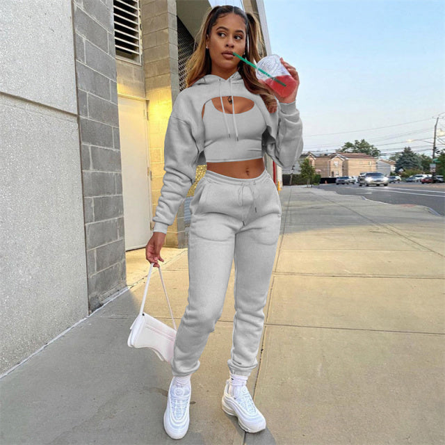 Solid Hollow-Out Fleece 3-Piece Set: Long Sleeve Hoodie, Crop Top & Sweatpants Women's Tracksuit