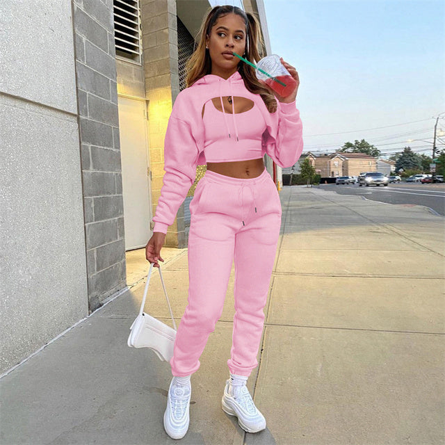 Solid Hollow-Out Fleece 3-Piece Set: Long Sleeve Hoodie, Crop Top & Sweatpants Women's Tracksuit