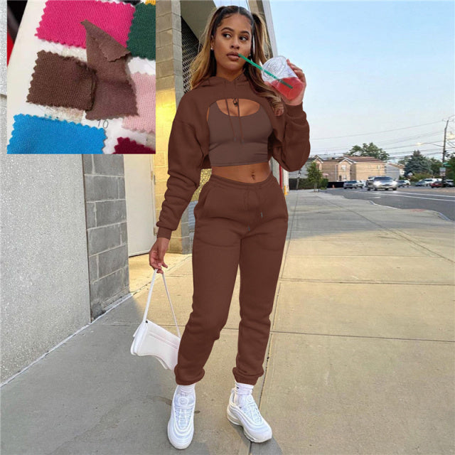 Solid Hollow-Out Fleece 3-Piece Set: Long Sleeve Hoodie, Crop Top & Sweatpants Women's Tracksuit