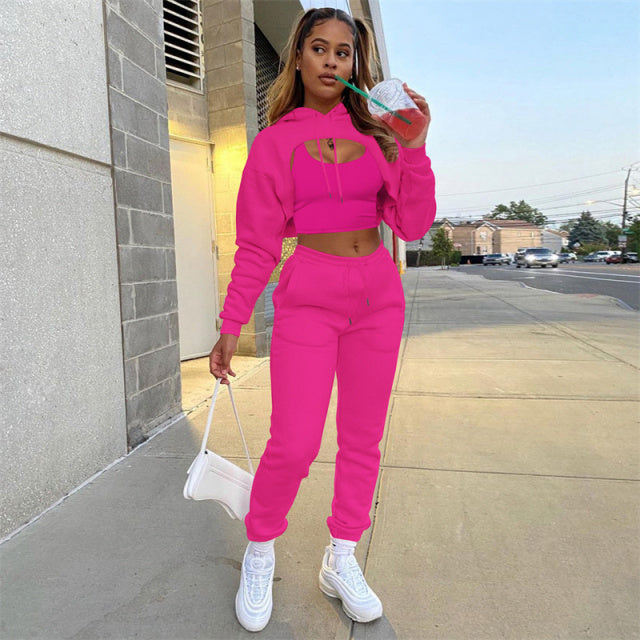 Solid Hollow-Out Fleece 3-Piece Set: Long Sleeve Hoodie, Crop Top & Sweatpants Women's Tracksuit