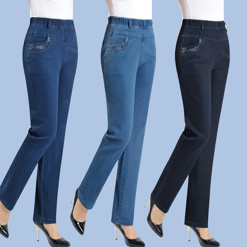 Elastic Waist Stretch Pocket Embroidered Ladies Jeans to 5X Plus