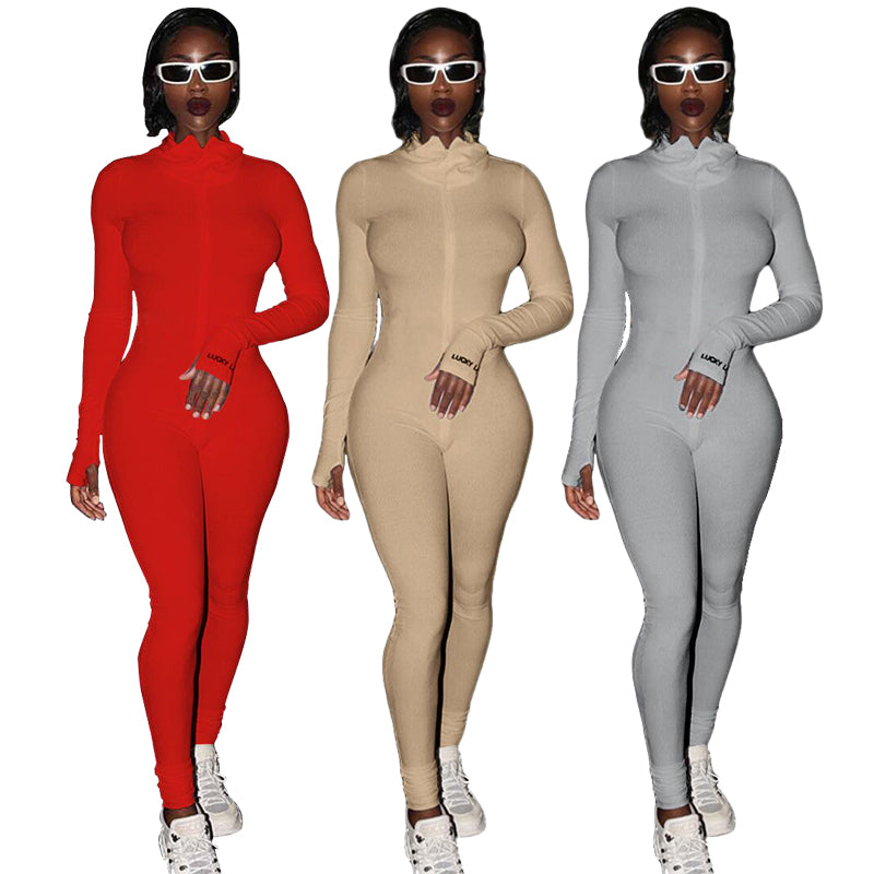 Solid Zipper Front Skinny Bodycon Long Sleeve Women's Jumpsuit