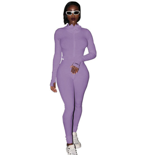 Solid Zipper Front Skinny Bodycon Long Sleeve Women's Jumpsuit