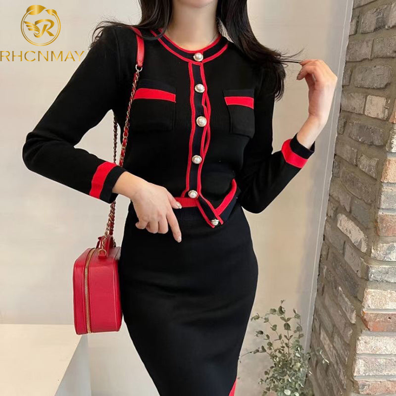 Designer Double Pocket Long Sleeve Button Front O-Neck Blazer + High Waisted Midi Skirt Women's Suit