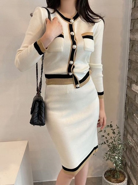 Designer Double Pocket Long Sleeve Button Front O-Neck Blazer + High Waisted Midi Skirt Women's Suit