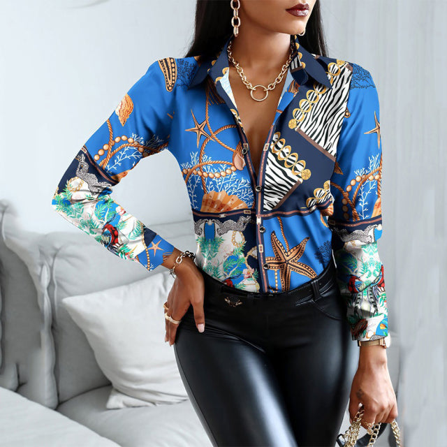 Colorblock Baroque/Floral/Geometric Sleeve Patchwork Women's Office Blouse