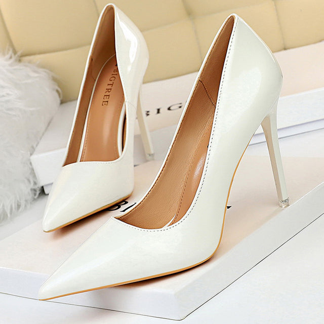 Metallic Pointed Toe Solid Color Patent Leather High Heel Stiletto Pumps