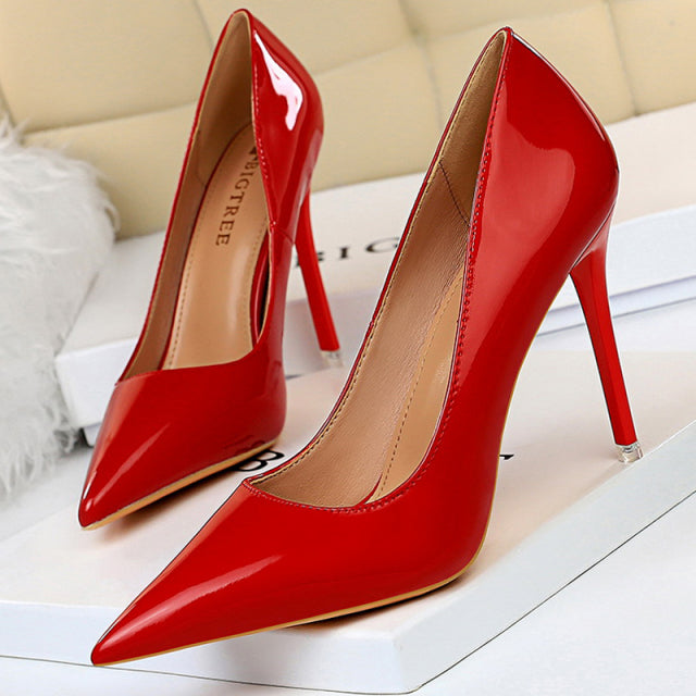 Metallic Pointed Toe Solid Color Patent Leather High Heel Stiletto Pumps