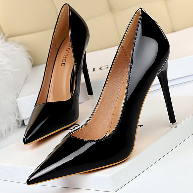 Metallic Pointed Toe Solid Color Patent Leather High Heel Stiletto Pumps