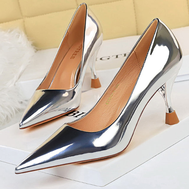 Metallic Pointed Toe Solid Color Patent Leather High Heel Stiletto Pumps