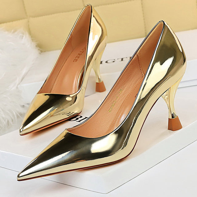 Metallic Pointed Toe Solid Color Patent Leather High Heel Stiletto Pumps