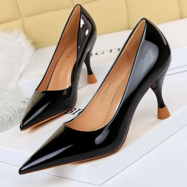 Metallic Pointed Toe Solid Color Patent Leather High Heel Stiletto Pumps