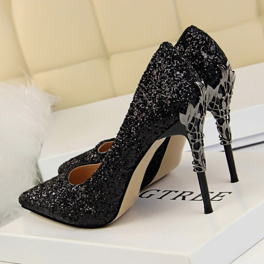 Glitter Sequin Sparkling Metal Carved Stiletto Heel Pumps