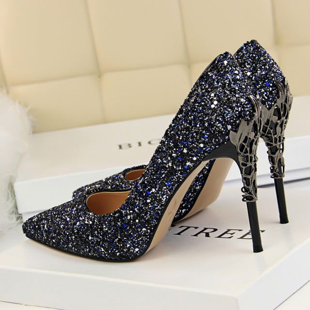 Glitter Sequin Sparkling Metal Carved Stiletto Heel Pumps