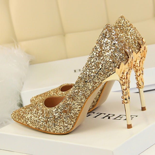 Glitter Sequin Sparkling Metal Carved Stiletto Heel Pumps