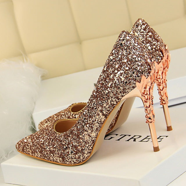 Glitter Sequin Sparkling Metal Carved Stiletto Heel Pumps