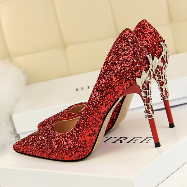 Glitter Sequin Sparkling Metal Carved Stiletto Heel Pumps