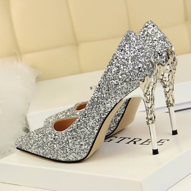 Glitter Sequin Sparkling Metal Carved Stiletto Heel Pumps