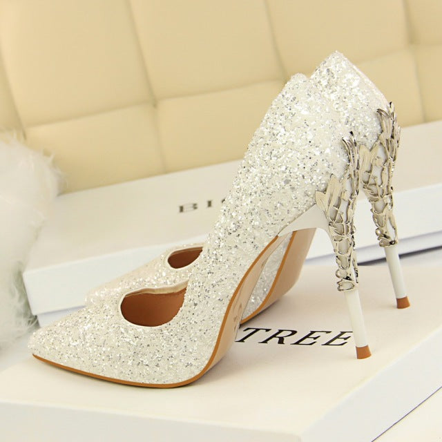 Glitter Sequin Sparkling Metal Carved Stiletto Heel Pumps