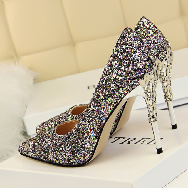 Glitter Sequin Sparkling Metal Carved Stiletto Heel Pumps