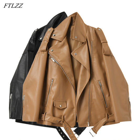 Faux Leather Women's Loose Drop Shoulder Motorcycle Jacket w/ Belt