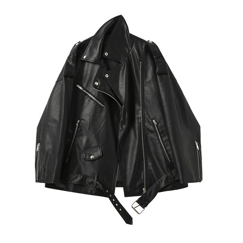 Faux Leather Women's Loose Drop Shoulder Motorcycle Jacket w/ Belt