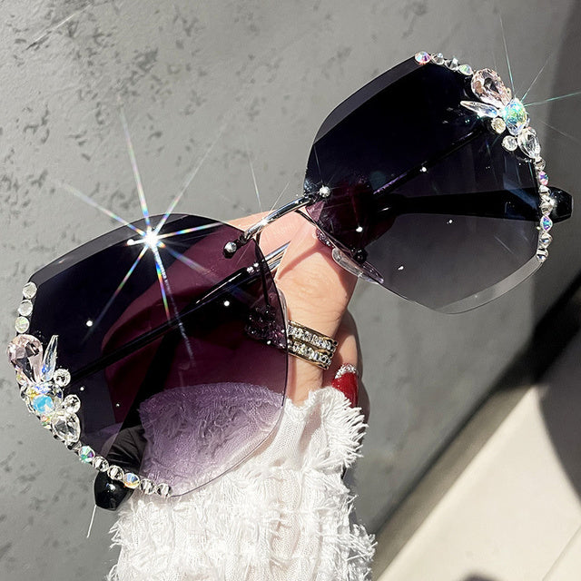 Oversized Rimless Designer Big Frame Diamond Square Sunglasses