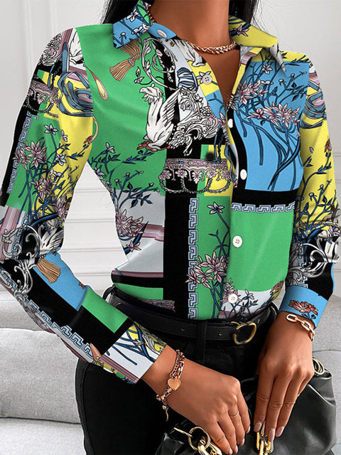 Floral/Geometric/Baroque Printed Office Lapel Long Sleeve Button Blouses