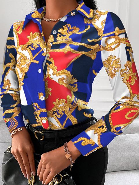 Floral/Geometric/Baroque Printed Office Lapel Long Sleeve Button Blouses